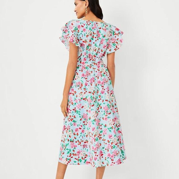 New Ann Taylor Floral Flutter Sleeve Flare Dress - Picture 2 of 4